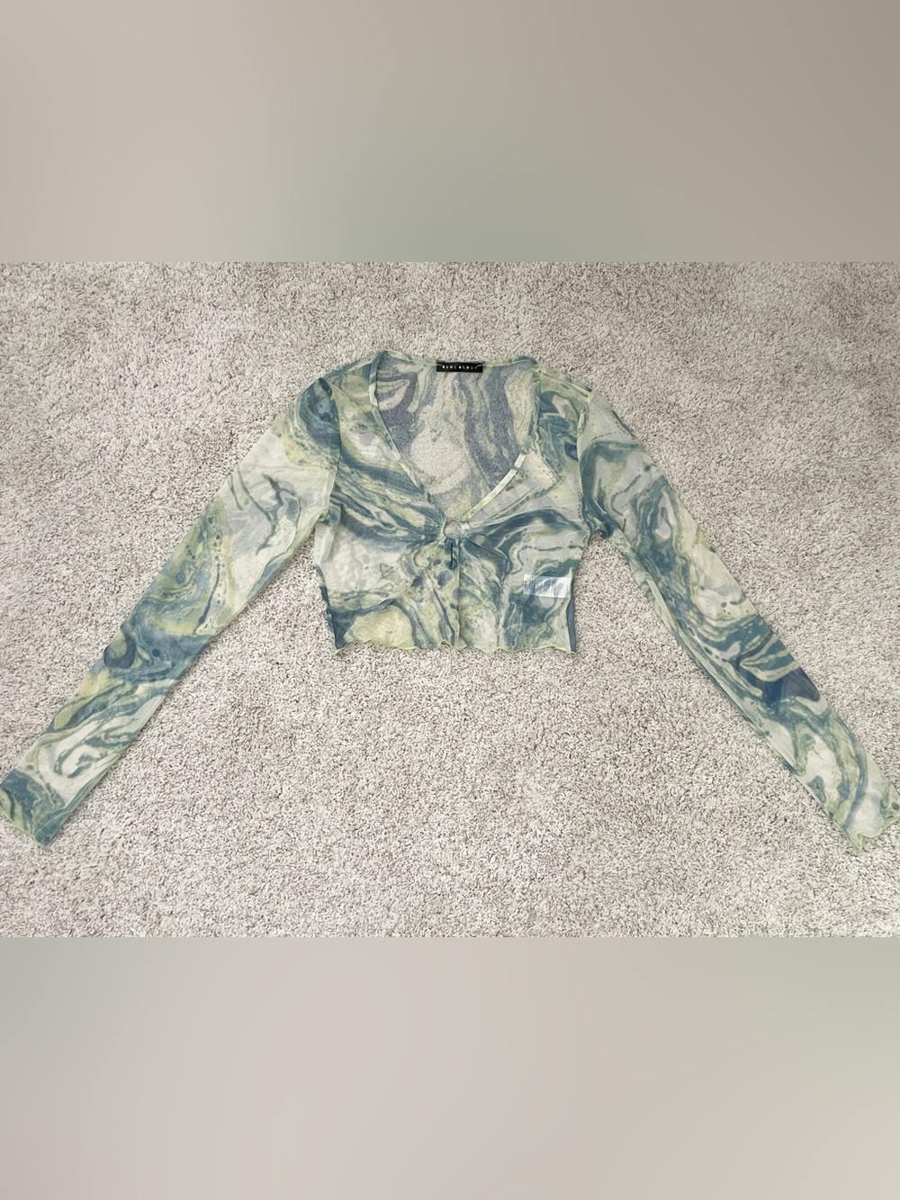 Sheer Marble-Print Cropped Long-Sleeve Top - Green